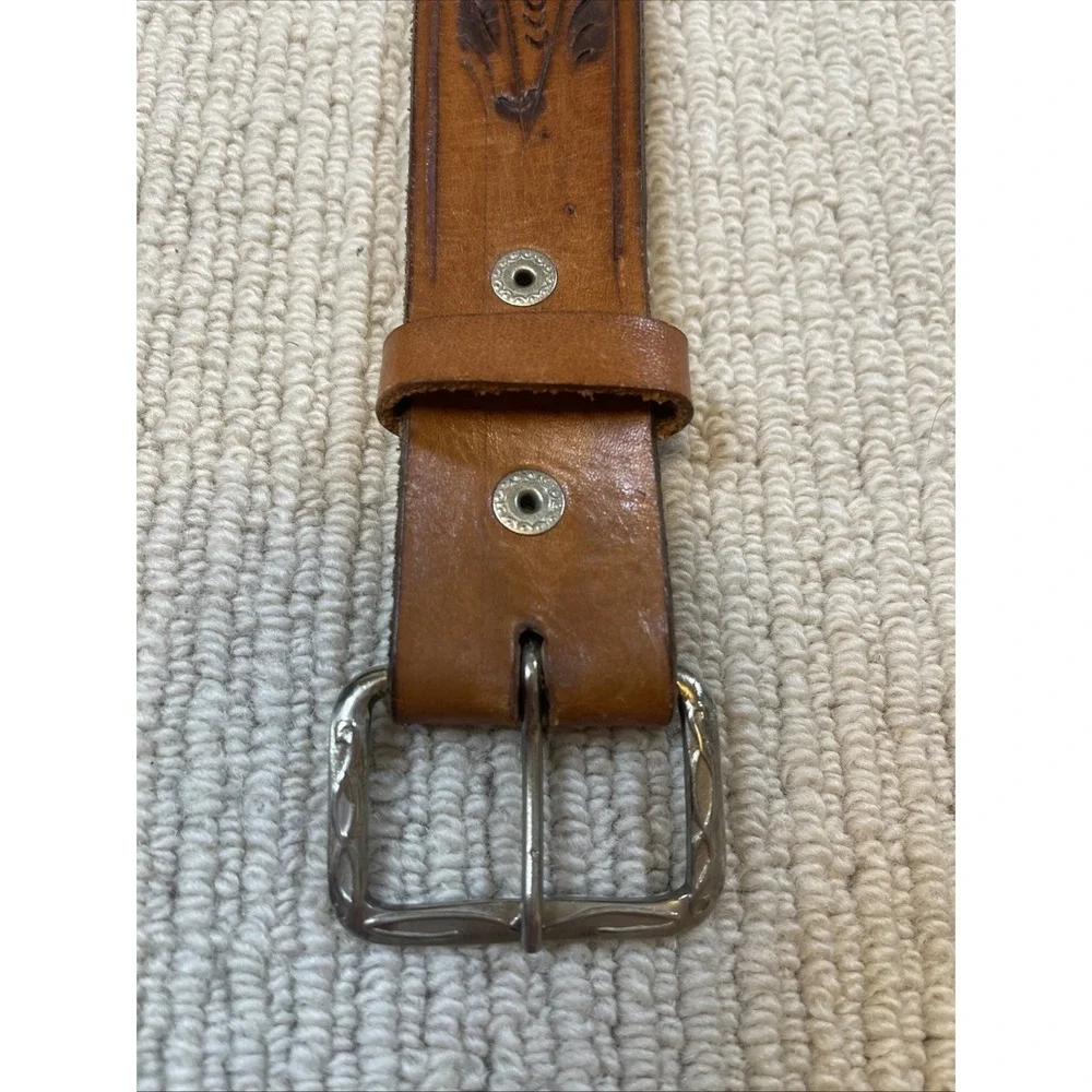 Vintage Kids Medium 32 Hand Tooled Leather Belt Brown Western Cowboy